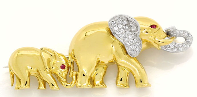 Foto 1 - Gold-Brosche plastische Elefanten mit 0,26ct Brillanten, S9705
